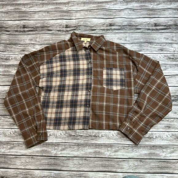 Love Notes Women's Cropped Mixed Patchwork Flannel Shirt L LG Large Brown Grey - Picture 3 of 13